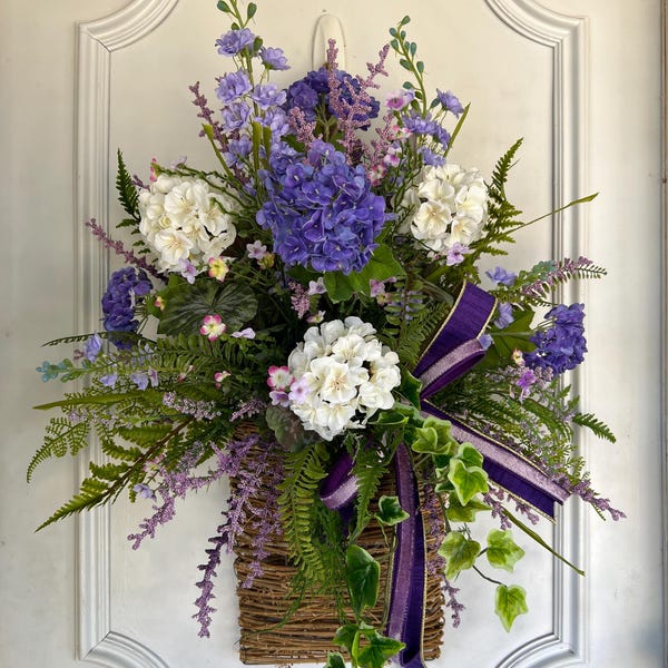 Purple Hydrangea Spring Door Basket, Faux Floral Arrangement, Cottage Charm