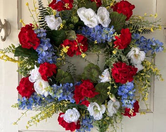 Patriotic Wreath, Red White Blue Floral Wreath, Americana Summer Door Decor, Patriotic Independence Day Wreath