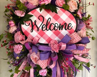 Pink Gingham Welcome Wreath, Spring Floral Door Decor, Summer Ribbon Accents