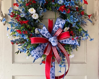 Patriotic Grapevine Wreath – Red White Blue Floral Wreath with Designer Bow – Summer Front Door Decor – 4th of July Wreath