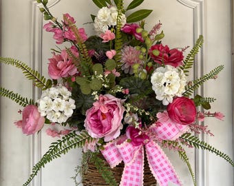 Handcrafted Spring Door Basket, Pink Peony Floral Arrangement, Gingham Bow Decor