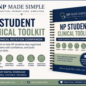 Könnte beinhalten: Ein spiralgebundenes NP Student Clinical Toolkit Buch mit einem marineblauen und cremefarbenen Einband. Der Text lautet NP Made Simple, NP Student Clinical Toolkit, Your Clinical Rotation Companion und enthält Symbole zum Organisieren und Dokumentieren.