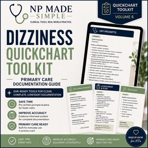 Könnte beinhalten: Ein Dizziness Quickchart Toolkit Volume 6 Dokumentationsleitfaden mit einem Tablet, das HPI-Eingabeaufforderungen anzeigt, sowie drei Referenzkarten für ROS-Phrasen, Beurteilung und Plan sowie Warnsignale für die medizinische Grundversorgung.
