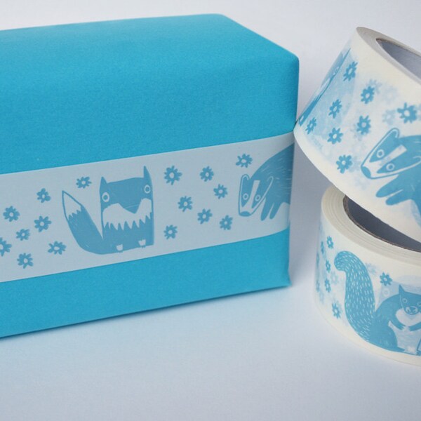 Woodland Sticky Tape - Printed Vinyl Tape with Fox, Badger & Squirrel Design in Aqua