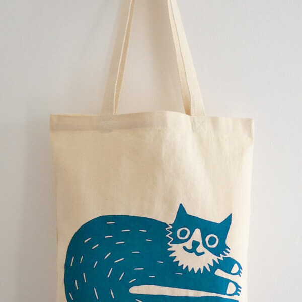 Cat Tote Bag, Hand Screen Printed Percy Cat Design in Teal