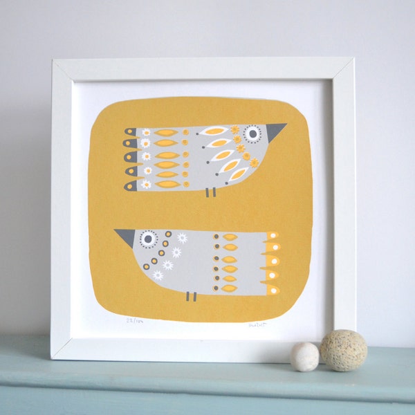 Bird Screen Print in Mustard & Grey - Hand Printed Limited Edition of 100 - Mid Century Inspired Birds Design