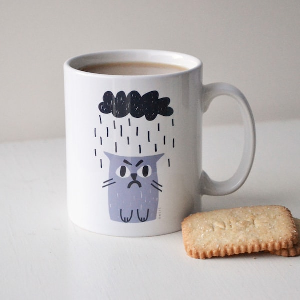 Grumpy Cat Mug in Grey & Charcoal, Sad Cat in Rain, Rainy Cat with Cloud Cup