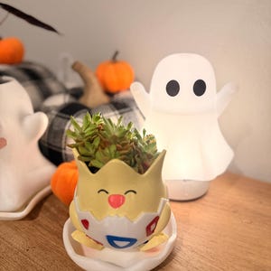 Op de afbeelding: Een geel en wit eivormige plantenbak met een cartoongezicht met een rode neus en blauwe driehoekige markeringen, met daarin een groene vetplant. De plantenbak staat op een bijpassende witte schotel, naast een oplichtende witte spooklamp.