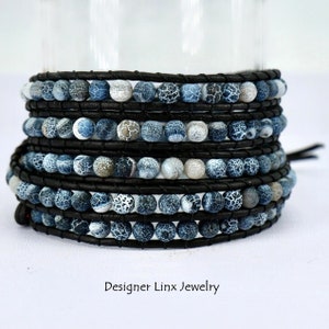 Matte Black Agate, 4mm Wrap Around Black Leather Bracelet