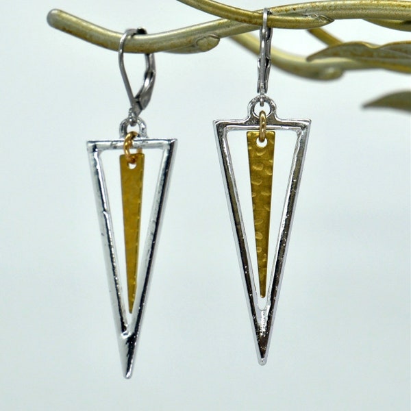 Silver and Gold Triangle Earrings with Stainless Steel Lever Back Earwires