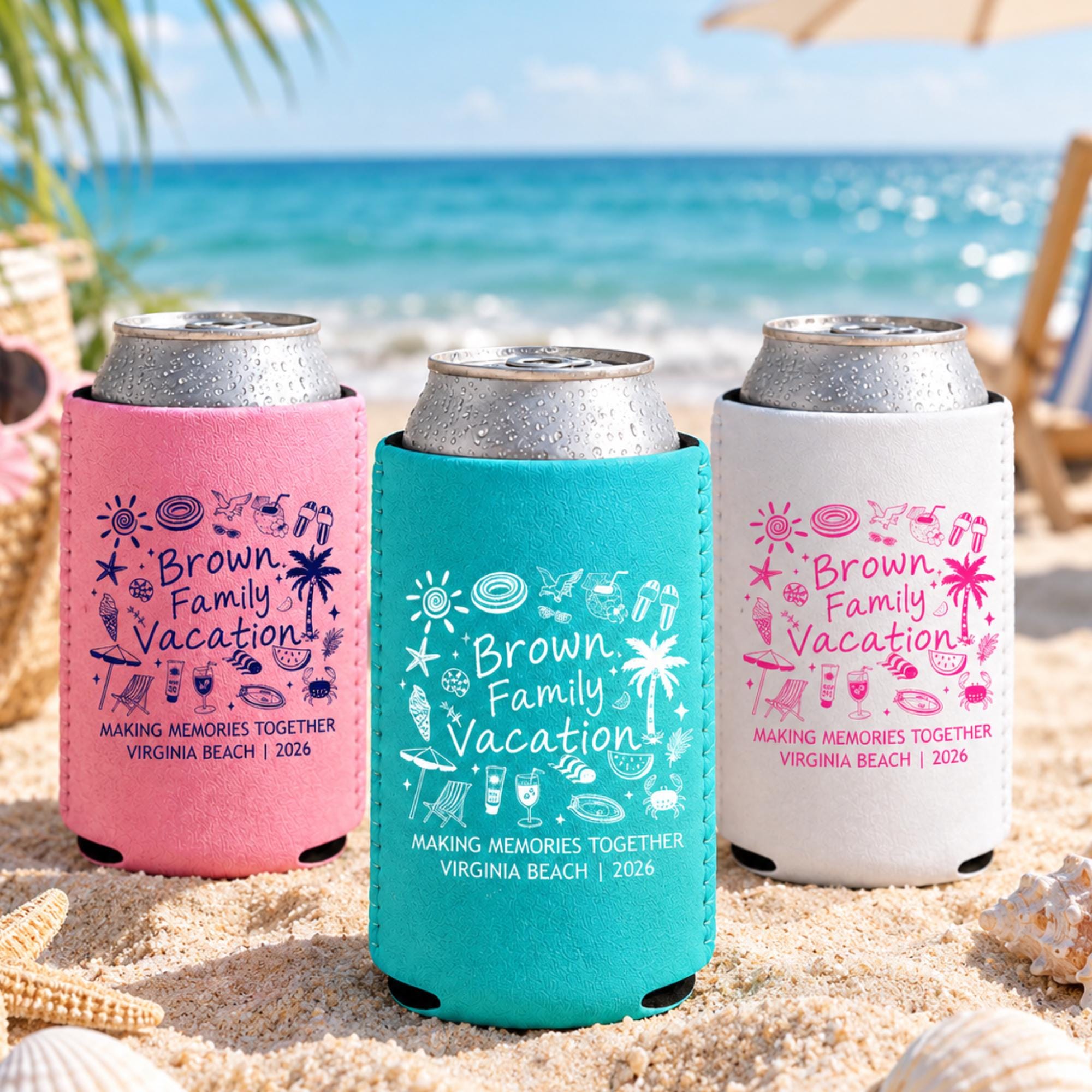 Personalized Beach Family Vacation Can Coolers, Custom Name Coastal Trip Drink Holders, Family Summer Party Favor, Seaside Travel Gift