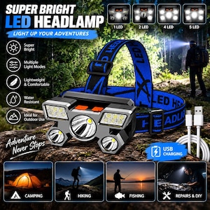 May include: A black LED headlamp with a blue adjustable strap featuring the text LED HEADLAMP. The device has five light sources, two orange buttons on top, and includes a white USB charging cable. Text on the image includes SUPER BRIGHT LED HEADLAMP, LIGHT UP YOUR ADVENTURES, and ADVENTURE NEVER STOPS.