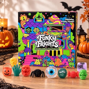 May include: A Funky Frights Squish-O-Ween Countdown box featuring colorful, neon-style illustrations of a haunted house and various creatures. In front are small toys including a pumpkin bucket, green hand, red monster, black spider, eyeball, and skull.
