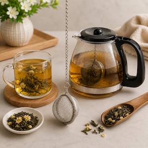 Może przedstawiać: Szklany czajniczek z czarną rączką i pokrywką zawierający bursztynową herbatę i metalowy zaparzacz, szklany kubek z herbatą i kwiatami, kulisty metalowy zaparzacz na łańcuszku, mały biały talerzyk z liśćmi herbaty oraz drewniana łyżka z herbatą.