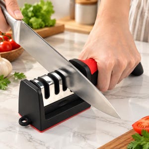 May include: A black and red kitchen knife sharpener featuring three distinct sharpening slots with metallic inserts. The device has a sturdy base with a circular loop at one end and is designed to hold a steel blade securely during the sharpening process.