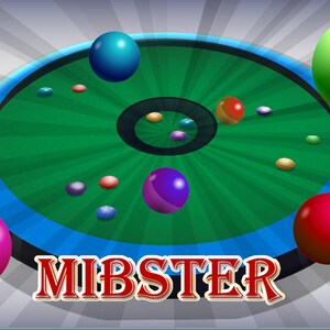 May include: A circular green game board with a blue border features the word MIBSTER in red and white lettering. Several colorful spheres in shades of yellow, blue, green, red, purple, and pink are scattered across the surface and floating.