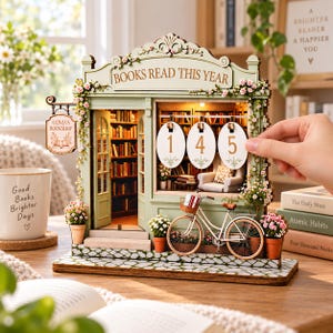 May include: A miniature wooden bookstore model with sage green walls, a hanging sign reading Olivia's Bookshop, and a banner reading BOOKS READ THIS YEAR. It features three oval number tags, a bicycle, potted flowers, and interior lighting.