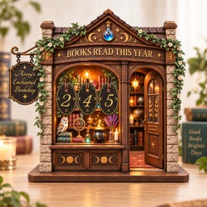 Może przedstawiać: Drewniany licznik w kształcie księgarni z napisem 'BOOKS READ THIS YEAR' oraz 'Avery's Enchanted Bookshop'. Zawiera trzy owalne tabliczki z cyframi '2', '4' i '5', sowę, kociołek oraz miniaturowe półki wypełnione książkami.