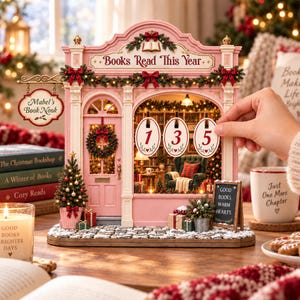 May include: A pink miniature bookshop advent calendar featuring a hanging sign that reads Mabel's Book Nook and a header stating Books Read This Year. The display includes a Christmas wreath, a small lit tree, and three oval tags numbered 1, 3, and 5.