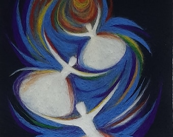 Wool art, felt art painting, Whirling Dervish, 30x50 cm spinning dervish, blue, black, white, abstract, rumi, sufi