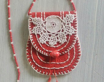 Necklace, Genuine leather, bead strap, vintage, medicine bag, orange, necklace, pouch, mini bag, evel eye,  medicine pouch