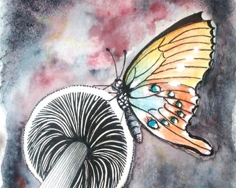 Original watercolor painting, mashrom, butterfly, nature art