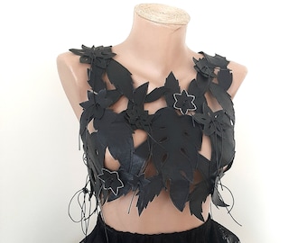 Cutout Floral leather top, Wearable Art, Crop Top, Vest, OOAK, Black Leaves,  Bustier, Extravagant Top, Elegant, Gift for Woman