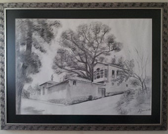 Original Charcoal Drawing with frame, The Old House, Landscape, large size, black and white.