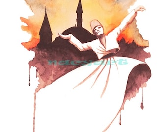 Whirling Dervish, 24"x36", Canvas print, Rumi, wall decor, spiritual, art deco