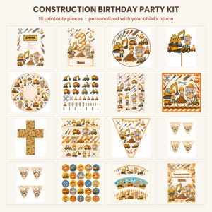 Puede incluir: Un kit de fiesta de cumpleaños de construcción con 16 piezas imprimibles con el texto CONSTRUCTION BIRTHDAY PARTY KIT, 16 printable pieces, personalized with your child's name y Emma. Incluye ilustraciones de vehículos de construcción, herramientas y elefantes.