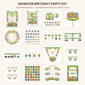 Puede incluir: Un kit de fiesta de cumpleaños de monstruos con 16 piezas imprimibles, ilustraciones de monstruos coloridos, detalles en verde y el nombre Emma. El set incluye banderines, adornos para cupcakes, etiquetas y carteles con el número 5.