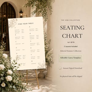 May include: A cream-coloured wedding seating chart sign on a gold easel, featuring the text 'FIND YOUR TABLE', 'THE VOW COLLECTION', 'SEATING CHART', '24 x 36 in', '2 Layouts Included', 'Editorial Romance Collection', and 'Editable Canva Template'.