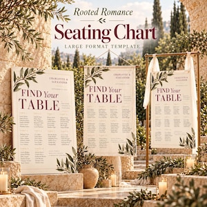 May include: Three wedding seating chart templates with cream backgrounds, dark red text, and olive branch illustrations. The signs feature the text "Rooted Romance," "Seating Chart," and "Find Your Table" with lists of names organised by table numbers.