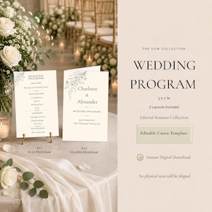 Editable Wedding Program Template | Single & Folded Program | Canva Digital Download