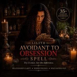 Puede incluir: Un gráfico de temática oscura que muestra a una persona sosteniendo cartas del tarot con el texto: 35+ YEARS OF EXPERIENCE, LILITH AVOIDANT TO OBSESSION SPELL, Try it once. See the difference. RELATIONSHIP CLARITY, HIDDEN FEELINGS, WHAT HAPPENS NEXT, rodeado de velas.