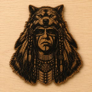 May include: A laser-engraved wooden plaque featuring a detailed illustration of a person wearing a wolf headdress. The design includes intricate line work depicting feathers, braided hair, facial markings, and a layered necklace with a central medallion.