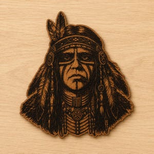 May include: A laser-engraved wooden cutout featuring a detailed portrait of a person wearing a traditional feathered headdress. The artwork displays intricate line work, dark etched shading, and a prominent headband with geometric patterns.