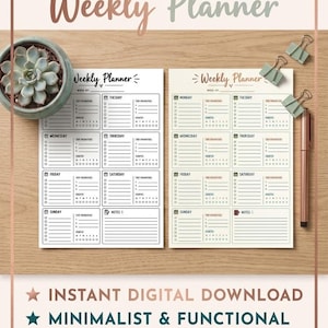 Peut inclure: Deux feuilles de planning hebdomadaire avec des sections pour les jours, les priorités et le suivi des habitudes. Le texte indique MINIMALIST Weekly Planner, Weekly Planner, INSTANT DIGITAL DOWNLOAD, MINIMALIST & FUNCTIONAL, HABIT & PRIORITY TRACKERS, A4 & LETTER SIZES.