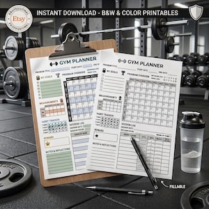 Peut inclure: Un presse-papier en bois contenant deux feuilles de planning de gym imprimées avec des sections pour le titre du programme, les objectifs, les mesures, le suivi des habitudes, les journaux de séance et des notes. Un stylo noir et un shaker.