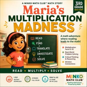 May include: A 3rd grade math story titled Maria's Multiplication Madness. The cover features a cartoon character holding a magnifying glass next to a chalkboard with a five-step process: Read, Find, Translate, Investigate, and Solve. Includes icons for PDF download, 4 pages, and print-at-home options.
