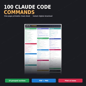 Könnte beinhalten: Ein digitales Spickzettel-Dokument mit dem Titel 100 CLAUDE CODE COMMANDS, das ein einseitiges Layout mit 19 gruppierten Textabschnitten aufweist. Das Dokument ist in farbcodierten Spalten und Zeilen organisiert und dient als Referenz.