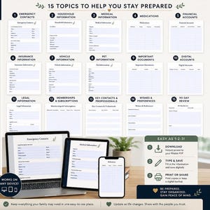 May include: A digital organization planner featuring 15 topics to help you stay prepared, including emergency contacts, household, medical, financial, and digital account information. The set includes fillable PDF templates displayed on a laptop, tablet, and smartphone screen with instructions for download, typing, and printing.