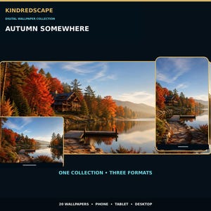 Könnte beinhalten: Eine digitale Hintergrundbild-Kollektion mit dem Titel KINDREDSCAPE AUTUMN SOMEWHERE, die eine Landschaft mit einer Holzhütte an einem See umgeben von herbstlichen Bäumen zeigt. Die Anzeige präsentiert das Bild in drei Formaten für Telefon, Tablet und Desktop.