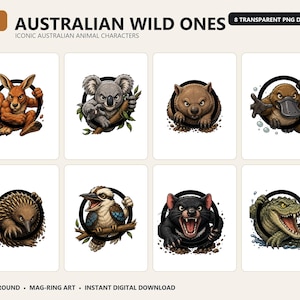 Peut inclure: Une collection numérique intitulée AUSTRALIAN WILD ONES comprenant 8 designs PNG transparents de personnages d'animaux australiens emblématiques, dont un kangourou, un koala, un wombat, un ornithorynque, un échidné, un kookaburra, un diable de Tasmanie et un crocodile dans des anneaux noirs.