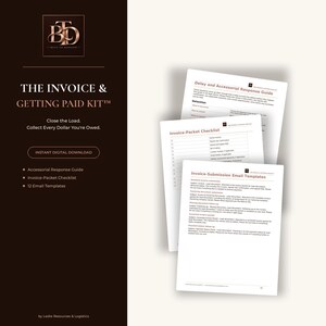 May include: The Invoice & Getting Paid Kit includes a Delay and Accessorial Response Guide, an Invoice-Packet Checklist, and Invoice-Submission Email Templates. The digital documents are displayed in a stack on a white background next to a dark brown panel.