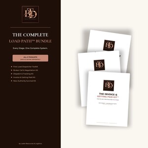 Op de afbeelding: De Complete Load Path Bundle bevat vijf toolkits voor dispatchers. Het donkerbruine paneel somt de First Load Dispatcher, Broker Call & Negotiation, Dispatch & Tracking, Invoice & Getting Paid en New Authority Survival kits op.