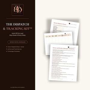 Op de afbeelding: Een digitale dispatch- en trackingkit met een donkerbruine zijbalk met witte tekst THE DISPATCH & TRACKING KIT, en drie gestapelde witte documentpagina's getiteld Driver Dispatch Sheet en Driver and Broker Message Templates.