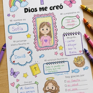 May include: A white paper activity sheet titled Dios me creó with colourful hand-drawn illustrations including a rainbow, a cross, butterflies, a girl in a frame, and Jesus holding a lamb. The sheet contains Spanish text fields for personal details.