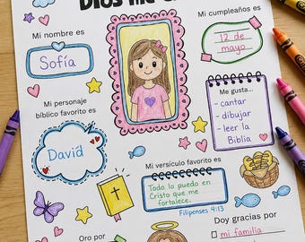 Może przedstawiać: Biała karta pracy z napisem Dios me creó, zawierająca kolorowe, ręcznie rysowane ilustracje, takie jak tęcza, krzyż, motyle, dziewczynka w ramce oraz Jezus trzymający jagnię. Arkusz zawiera pola tekstowe w języku hiszpańskim.