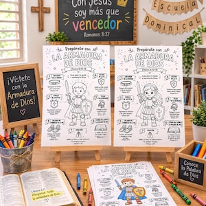 Pode incluir: Duas folhas de atividades brancas intituladas Prepárate con LA ARMADURA DE DIOS com desenhos de linhas a preto e branco de um cavaleiro com espada e escudo, rodeados por ícones numerados e texto, em cavaletes de madeira com lápis.